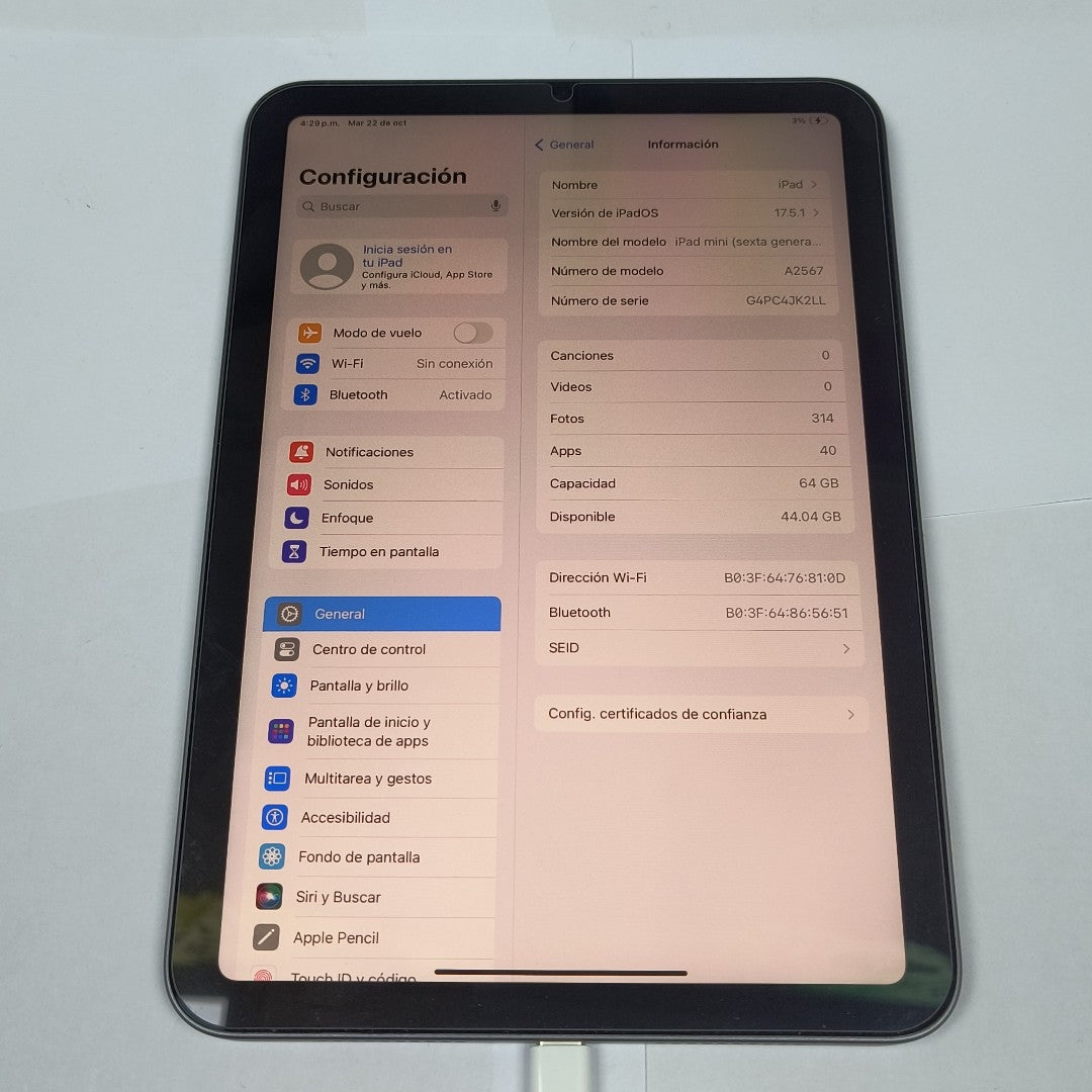 TABLETA APPLE IPAD MINI 6 A2567 64 GB 4 GB RAM (SEMINUEVO)