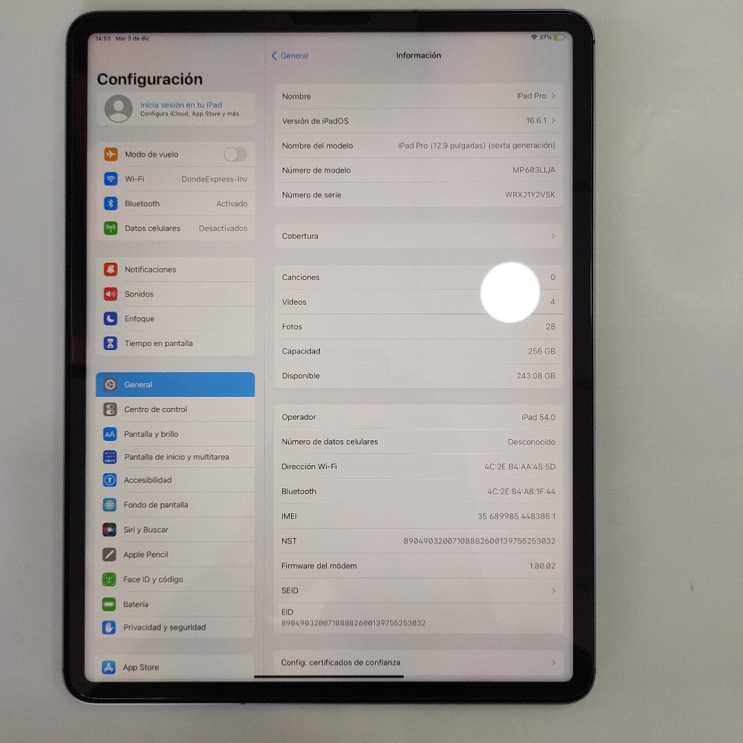 TABLETA APPLE IPAD PRO 6 12.9" A2764 256 GB 8 GB RAM (SEMINUEVO)