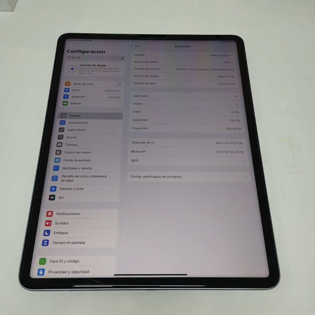 TABLETA APPLE IPAD PRO 6 12.9" A2436 128 GB 8 GB RAM (SEMINUEVO)