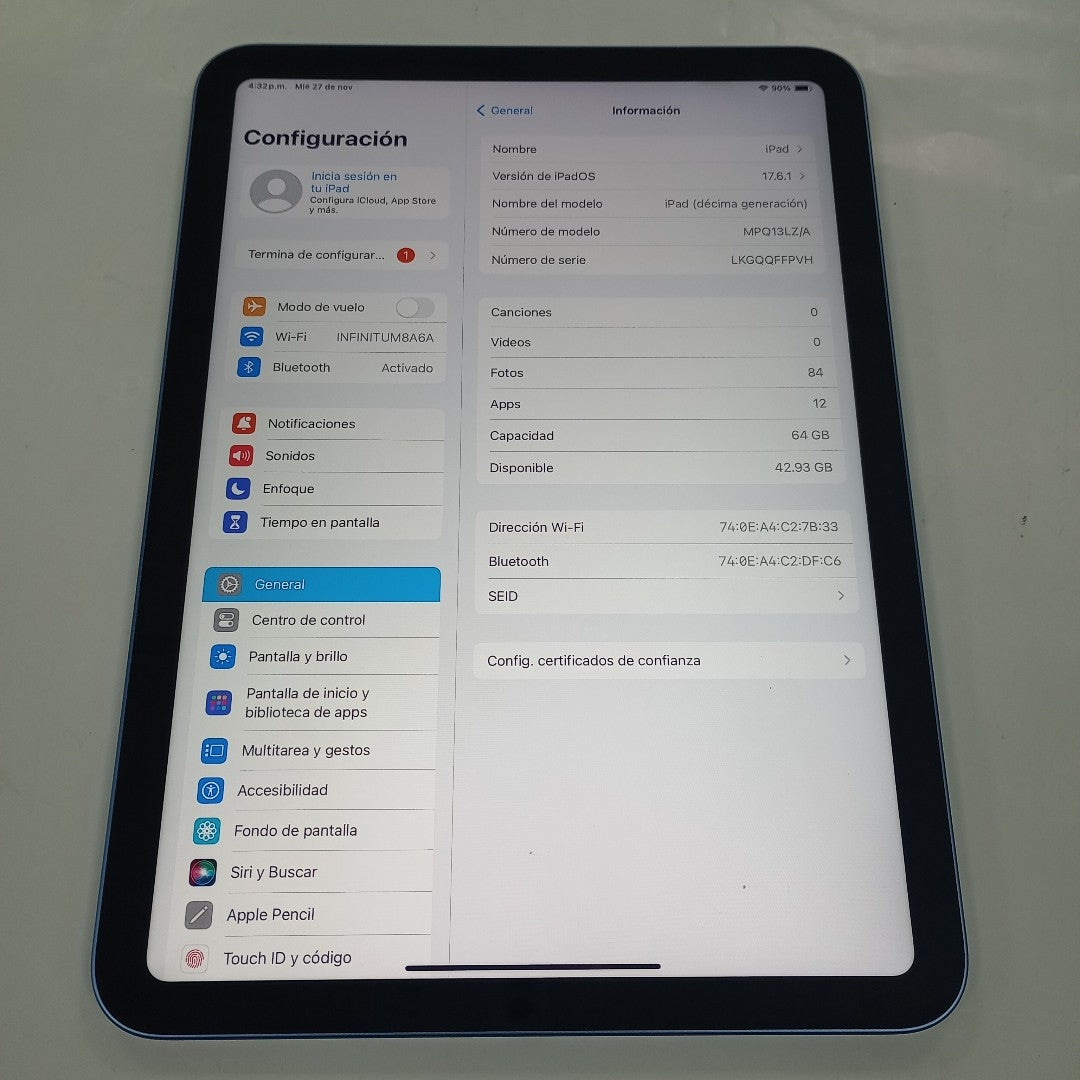 TABLETA APPLE IPAD 10 A2696 64 GB 4 GB RAM (SEMINUEVO)