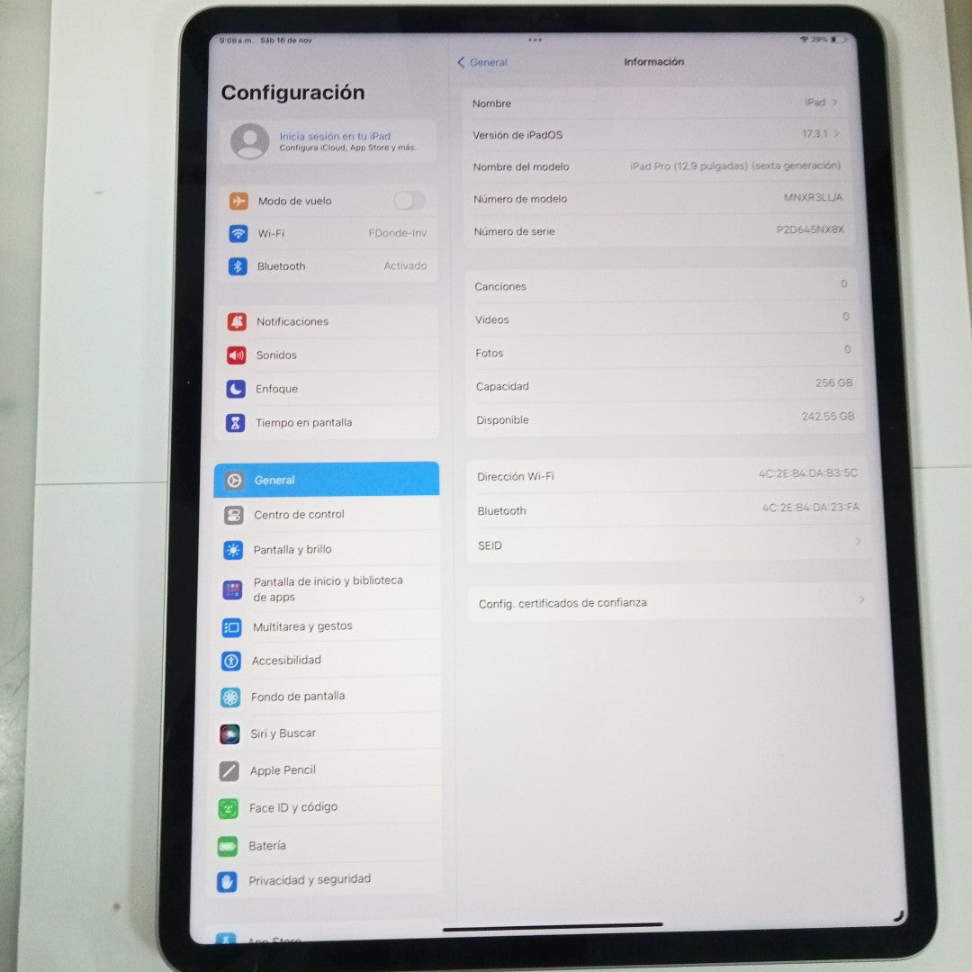 TABLETA APPLE IPAD PRO 6 12.9&quot; A2436 256 GB 8 GB RAM (SEMINUEVO)