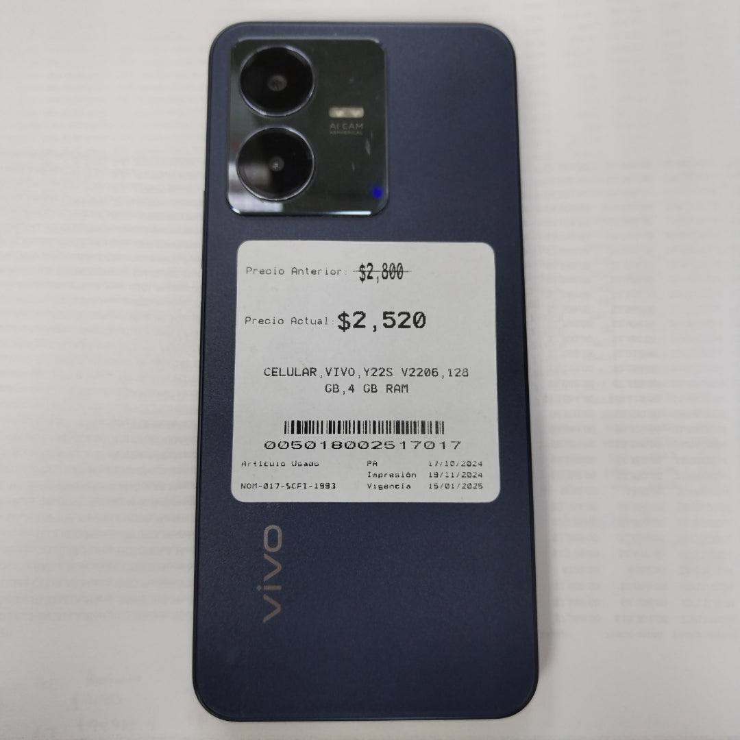 CELULAR VIVO Y22S V2206 128 GB 4 GB RAM (SEMINUEVO)