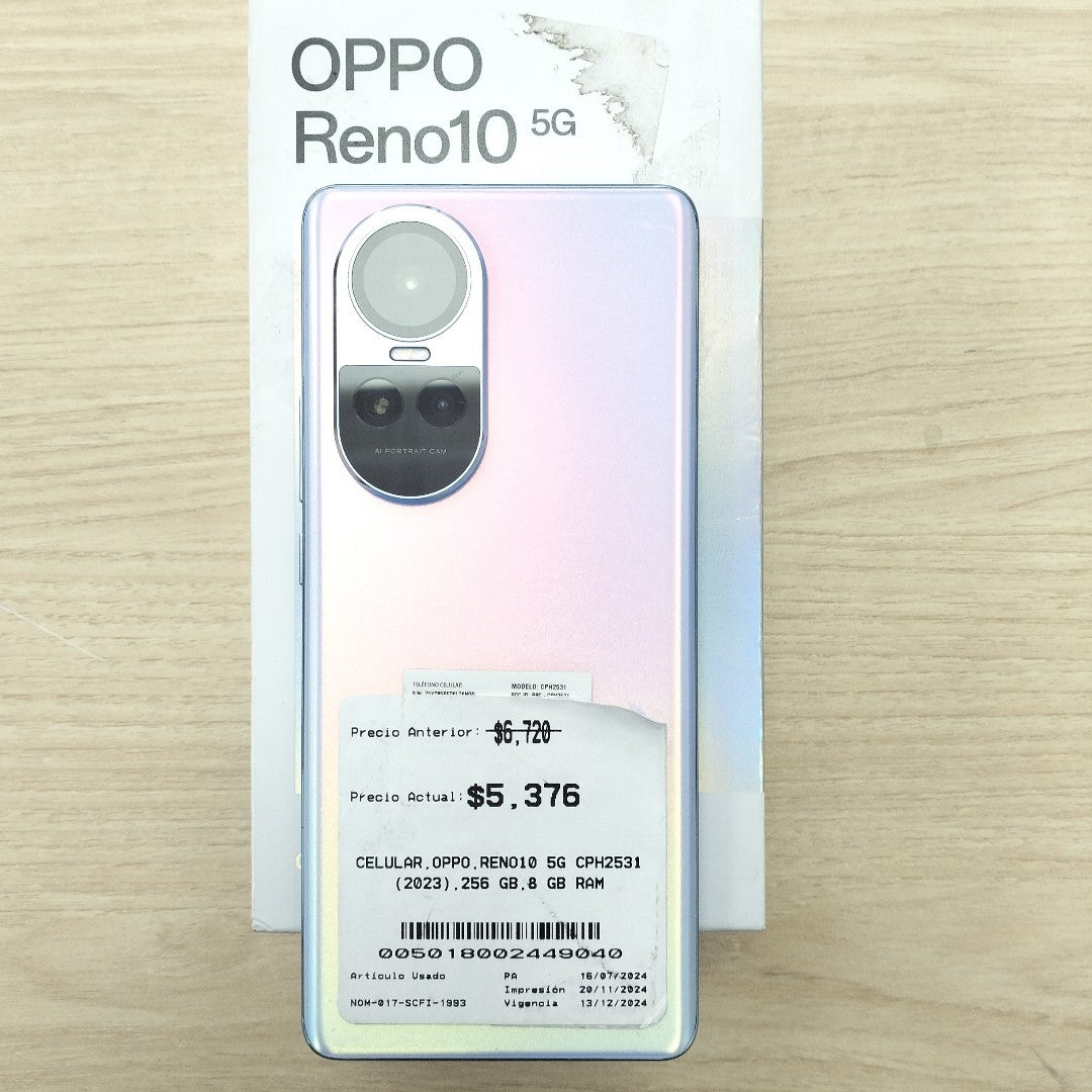 CELULAR OPPO  RENO10 5G CPH2531 (2023) 256 GB 8 GB RAM (SEMINUEVO)
