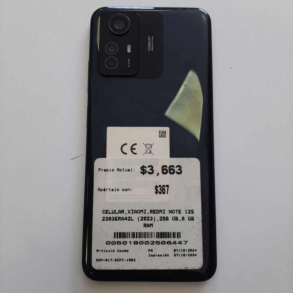 CELULAR XIAOMI REDMI NOTE 12S 2303ERA42L (2023) 256 GB 8 GB RAM (SEMINUEVO)