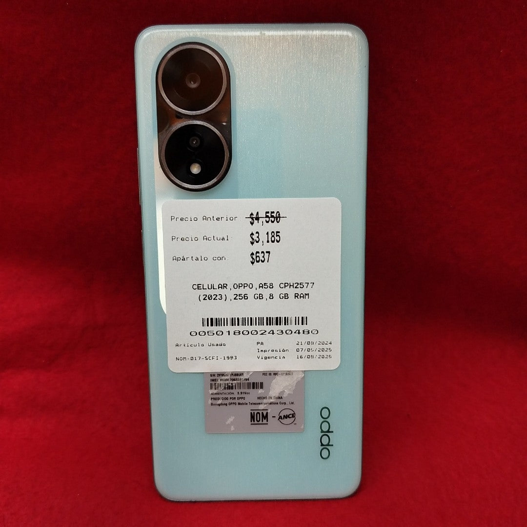 CELULAR OPPO  A58 CPH2577 (2023) 256 GB 8 GB RAM (SEMINUEVO)