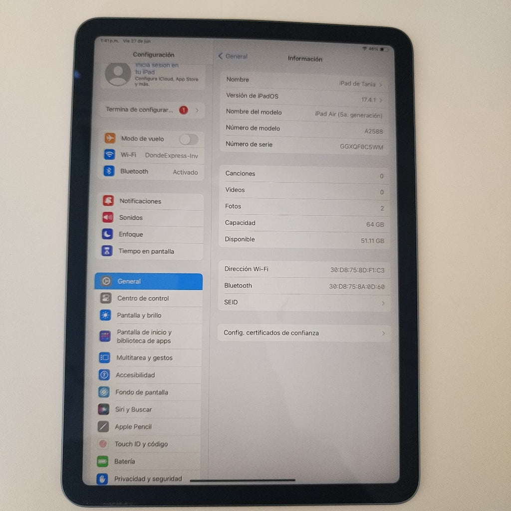 TABLETA APPLE IPAD AIR 5 A2588 64 GB 8 GB RAM (SEMINUEVO)