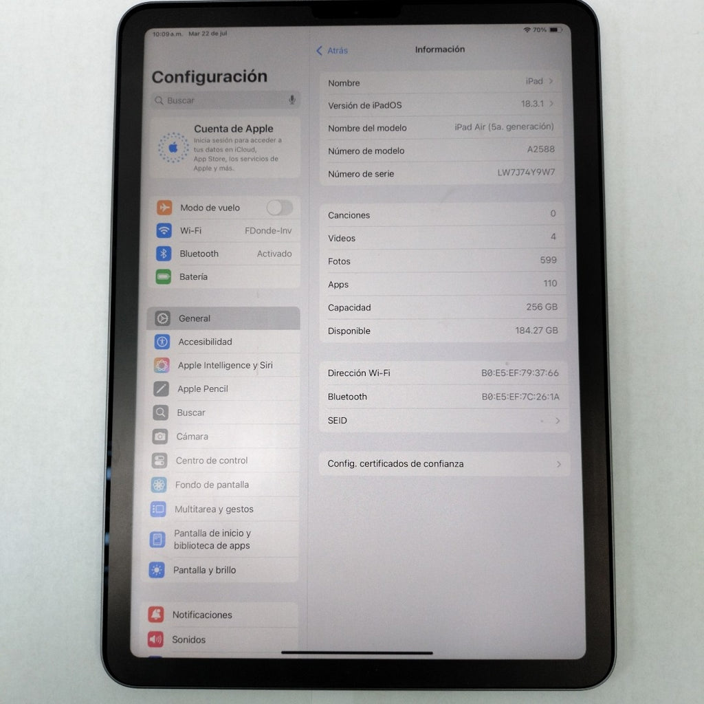 TABLETA APPLE IPAD AIR 5 A2588 256 GB 8 GB RAM (SEMINUEVO)