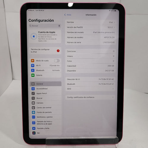 TABLETA APPLE IPAD 10 A2696 256 GB 4 GB RAM (SEMINUEVO)