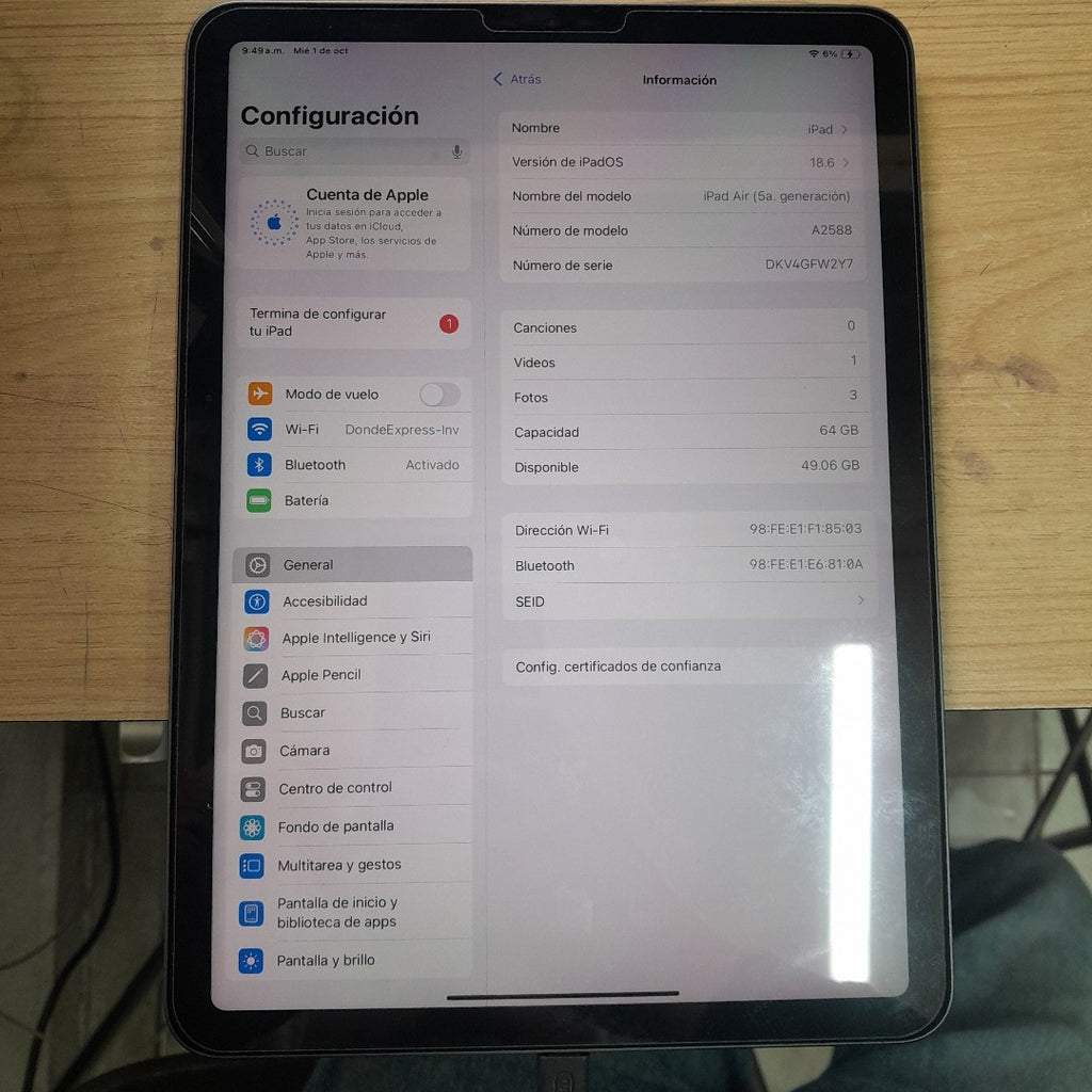 TABLETA APPLE IPAD AIR 5 A2588 64 GB 8 GB RAM (SEMINUEVO)