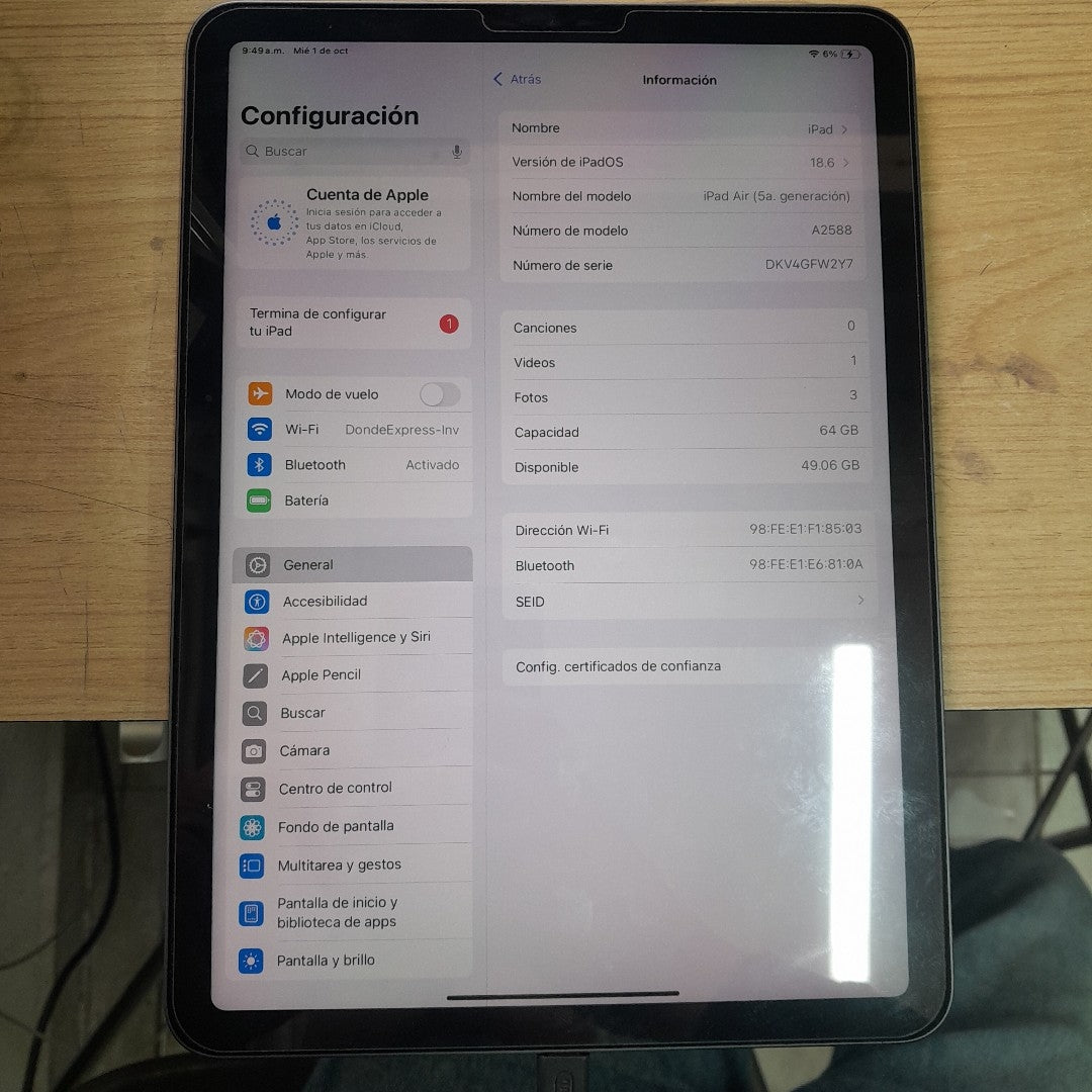 TABLETA APPLE IPAD AIR 5 A2588 64 GB 8 GB RAM (SEMINUEVO)