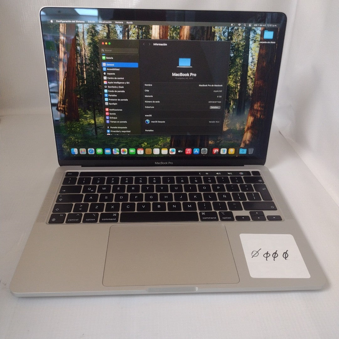 LAPTOP APPLE MACBOOK PRO 13" 2022 3.49 A2338 512 GB SSD 8 GB RAM (SEMINUEVO)
