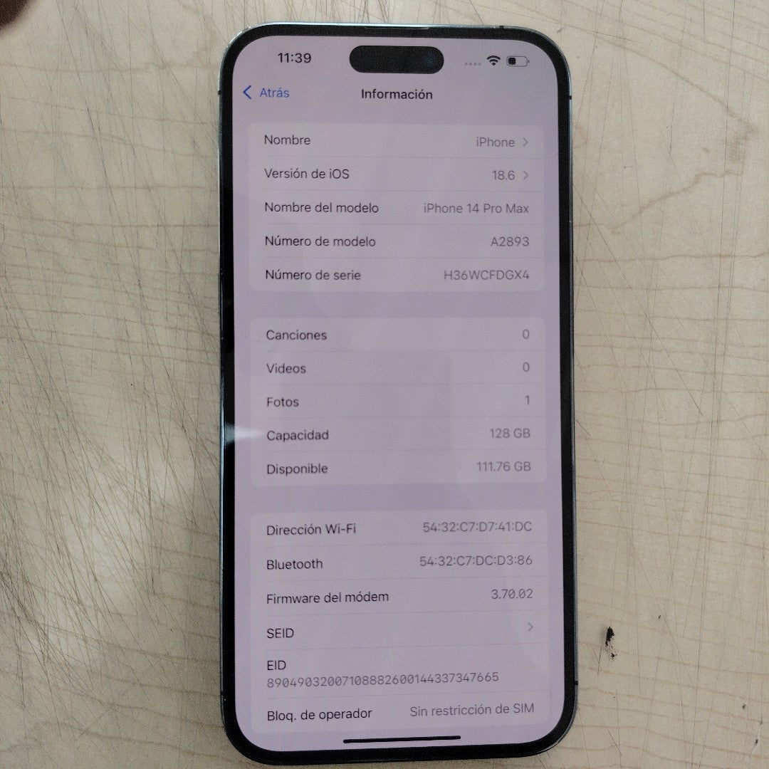 CELULAR APPLE IPHONE 14 PRO MAX A2893 128 GB 6 GB RAM (SEMINUEVO)