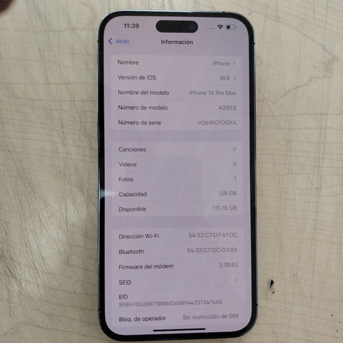CELULAR APPLE IPHONE 14 PRO MAX A2893 128 GB 6 GB RAM (SEMINUEVO)