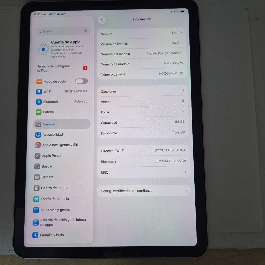 TABLETA APPLE IPAD AIR 5 A2588 64 GB 8 GB RAM (SEMINUEVO)