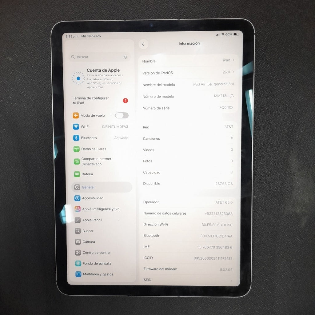 TABLETA APPLE IPAD AIR 5 A2589 256 GB 8 GB RAM (SEMINUEVO)