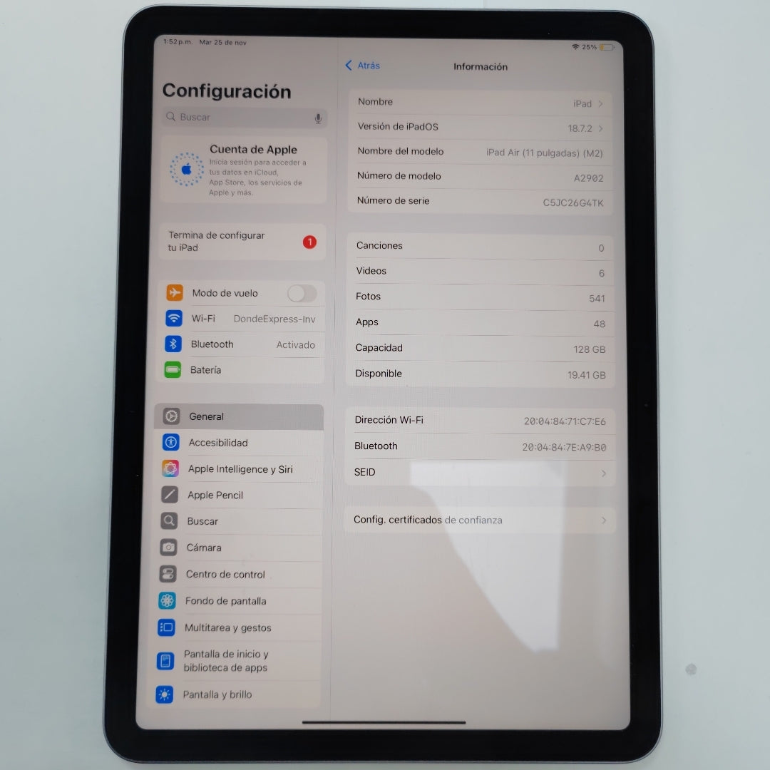 TABLETA APPLE IPAD AIR (M2) 11" A2902 (2024) 128 GB 8 GB RAM (SEMINUEVO)