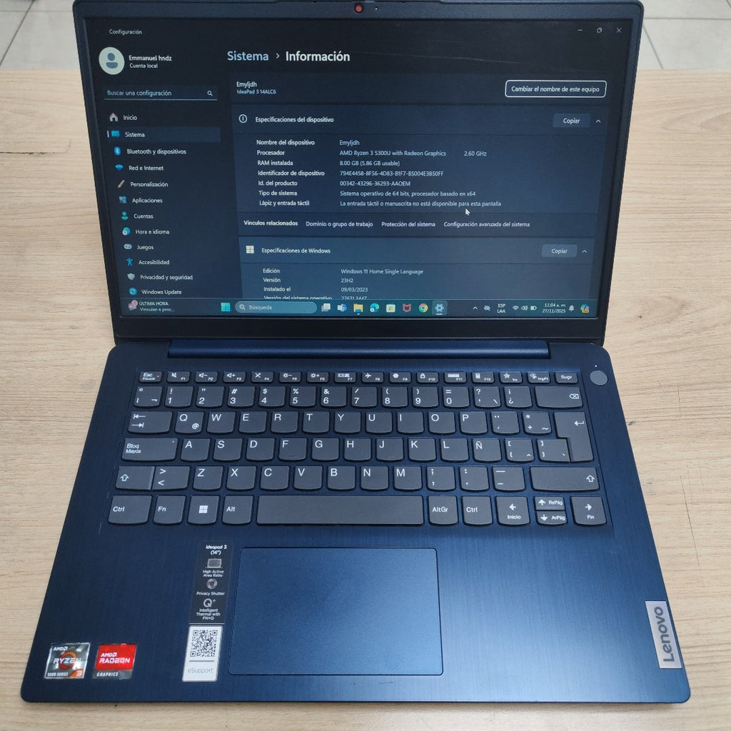 LAPTOP LENOVO IDEAPAD 3 14ALC6 (2022) 512 GB SSD 8 GB RAM (SEMINUEVO)