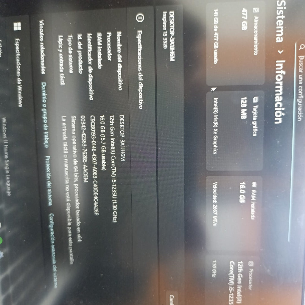 LAPTOP DELL INSPIRON 15 3520 (2024) 512 GB SSD 16 GB RAM (SEMINUEVO)