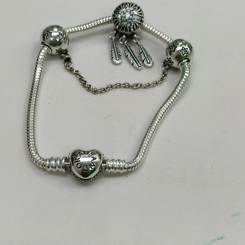 PULSERA TEJIDO ARTICULADA CON CHARMS PLATA .925 18 CM 20.8 GR (NUEVO)