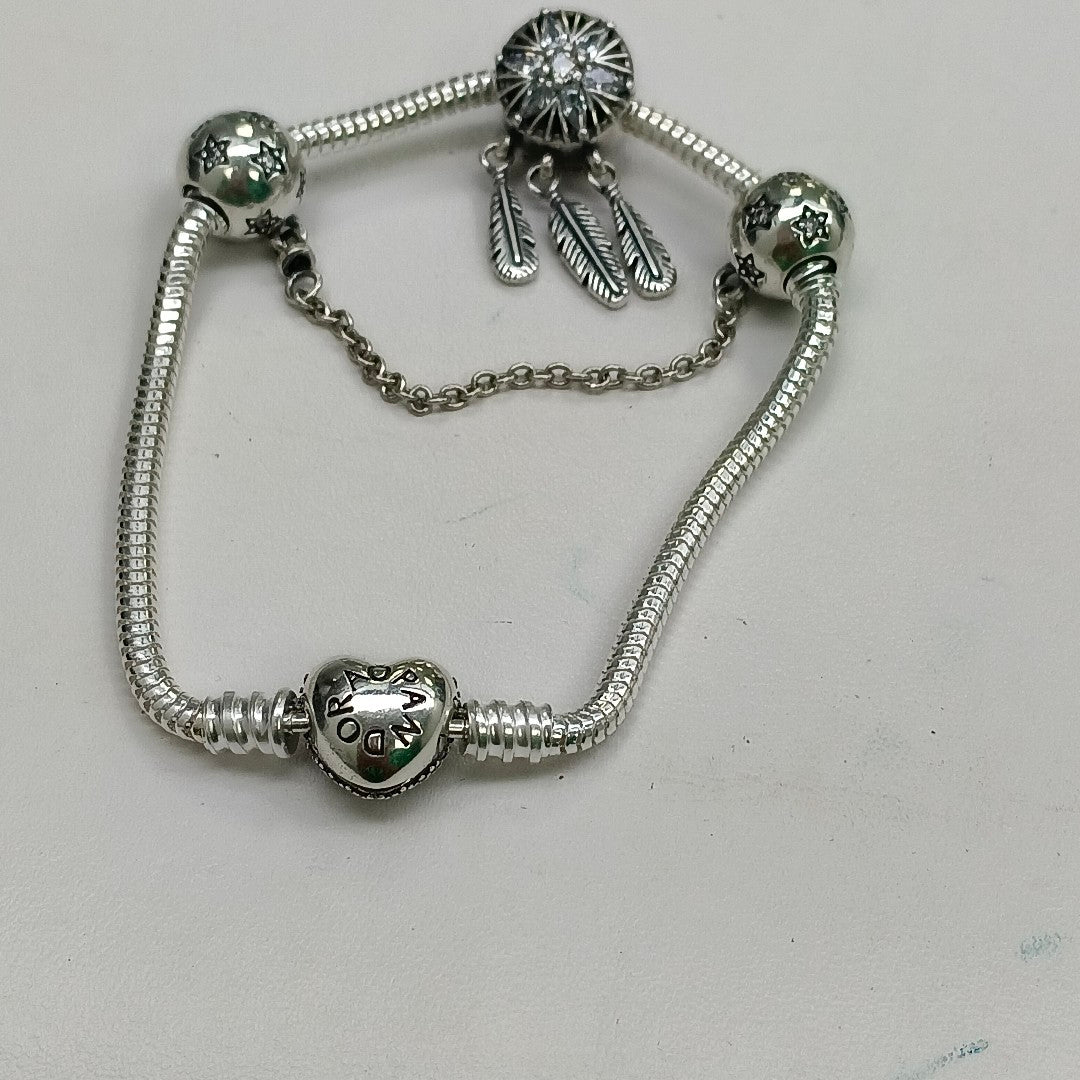 PULSERA TEJIDO ARTICULADA CON CHARMS PLATA .925 18 CM 20.8 GR (NUEVO)