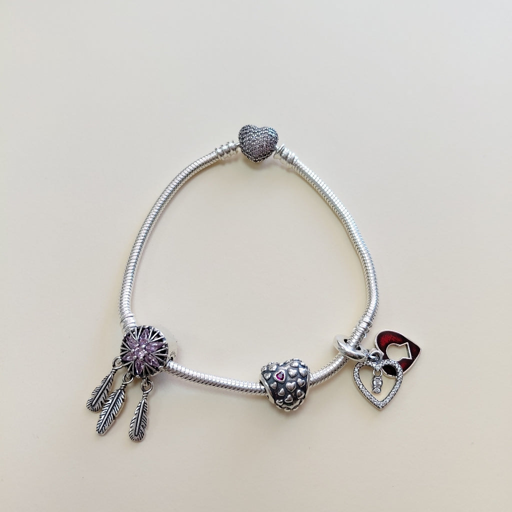 PULSERA TEJIDO ARTICULADA CON CHARMS PLATA .925 21 CM 19 GR (NUEVO)