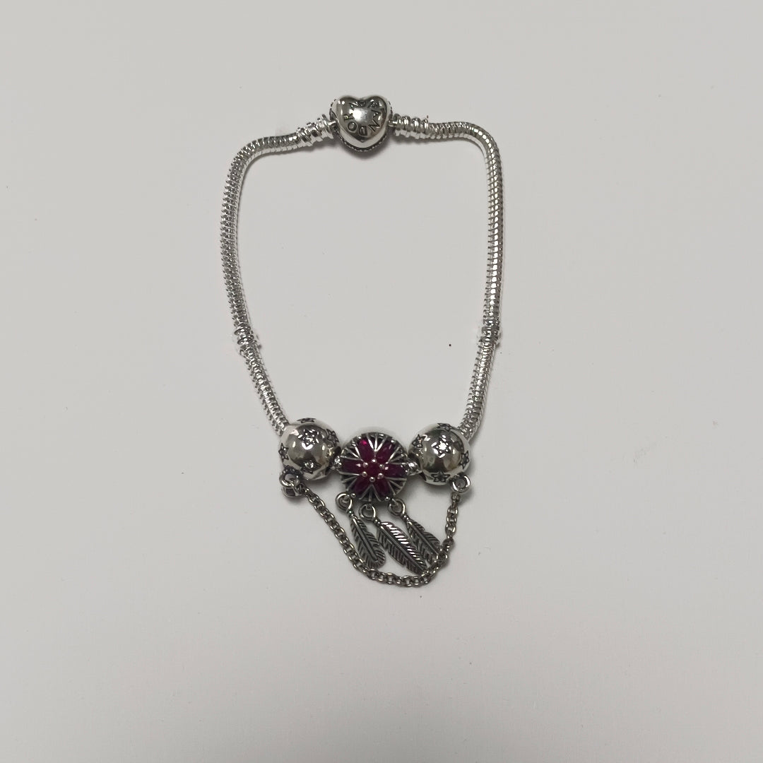 PULSERA TEJIDO ARTICULADA CON CHARMS PLATA .925 21 CM 20.7 GR (NUEVO)