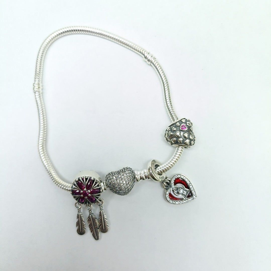 PULSERA TEJIDO ARTICULADA CON CHARMS PLATA .925 21 CM 19.1 GR (NUEVO)