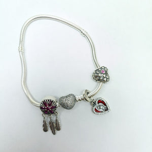 PULSERA TEJIDO ARTICULADA CON CHARMS PLATA .925 21 CM 19.1 GR (NUEVO)
