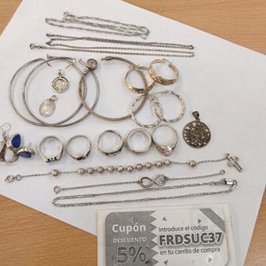 ANILLITO, ARETES PAR, ARRACADAS PAR, BRAZALETE, CADENA, DIJE PLATA 72.6 GRMS (SEMINUEVO)
