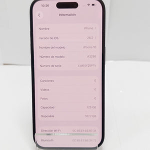 CELULAR APPLE IPHONE 16 A3286 (2024) 128 GB 8 GB RAM (SEMINUEVO)