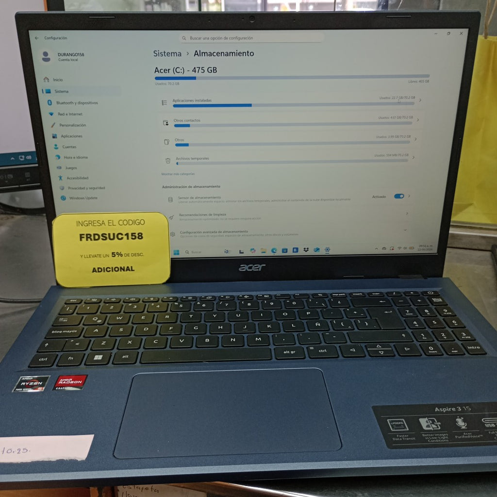 LAPTOP ACER ASPIRE 3 A315-24P-R8H5 (2024) 512 GB SSD 8 GB RAM (SEMINUEVO)