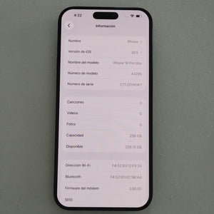 CELULAR APPLE IPHONE 16 PRO MAX A3295 (2024) 256 GB 8 GB RAM (SEMINUEVO)