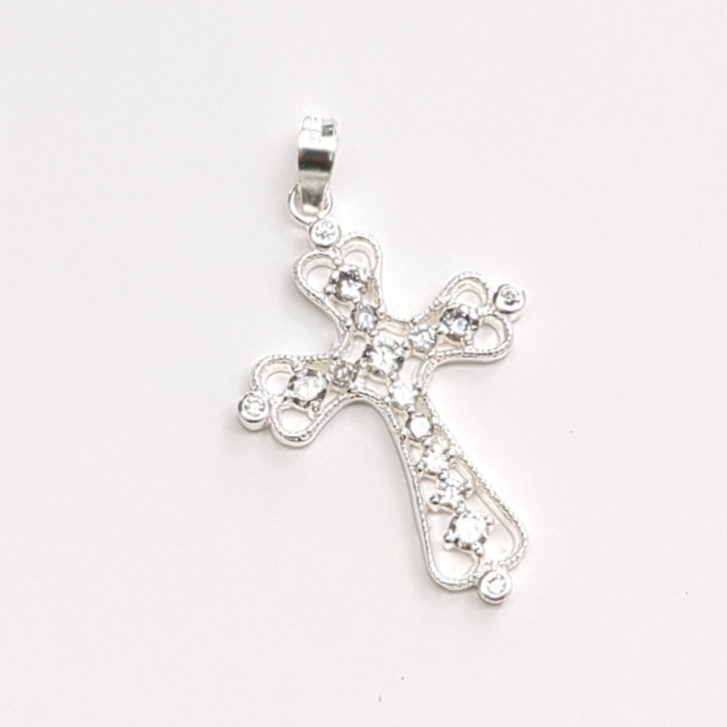 DIJE CRUZ TIPO FILIGRANA CON CIRCONIAS PLATA .925 2.6 GR (NUEVO)