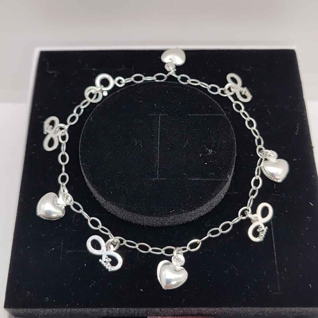 PULSERA CON DIJES CORAZON INFINITO PLATA .925 18 CM 3.12 GR (NUEVO)