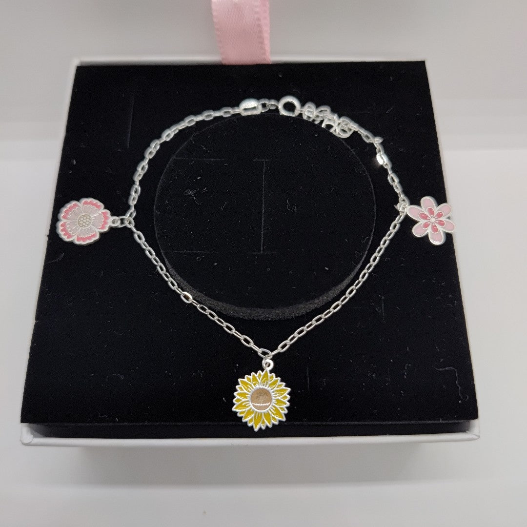 PULSERA TEJIDO ESPECIAL CON DIJE FLORES PLATA .925 21 CM 2.3 GR (NUEVO)