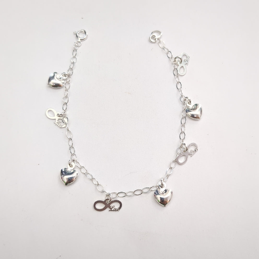 PULSERA CON DIJES CORAZON INFINITO PLATA .925 18 CM 3.22 GR (NUEVO)