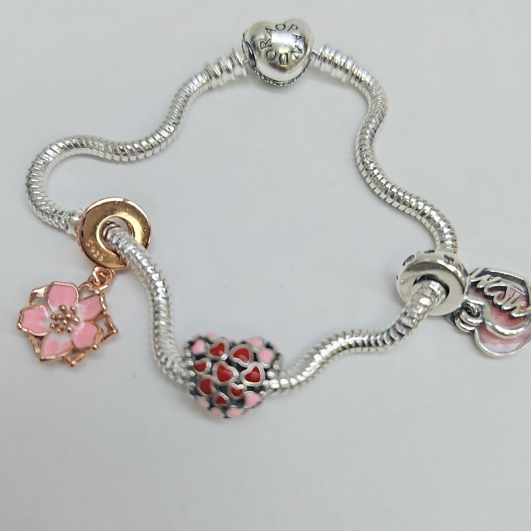 PULSERA TEJIDO ARTICULADA CON CHARMS PLATA .925 21 CM 15.2 GR (NUEVO)
