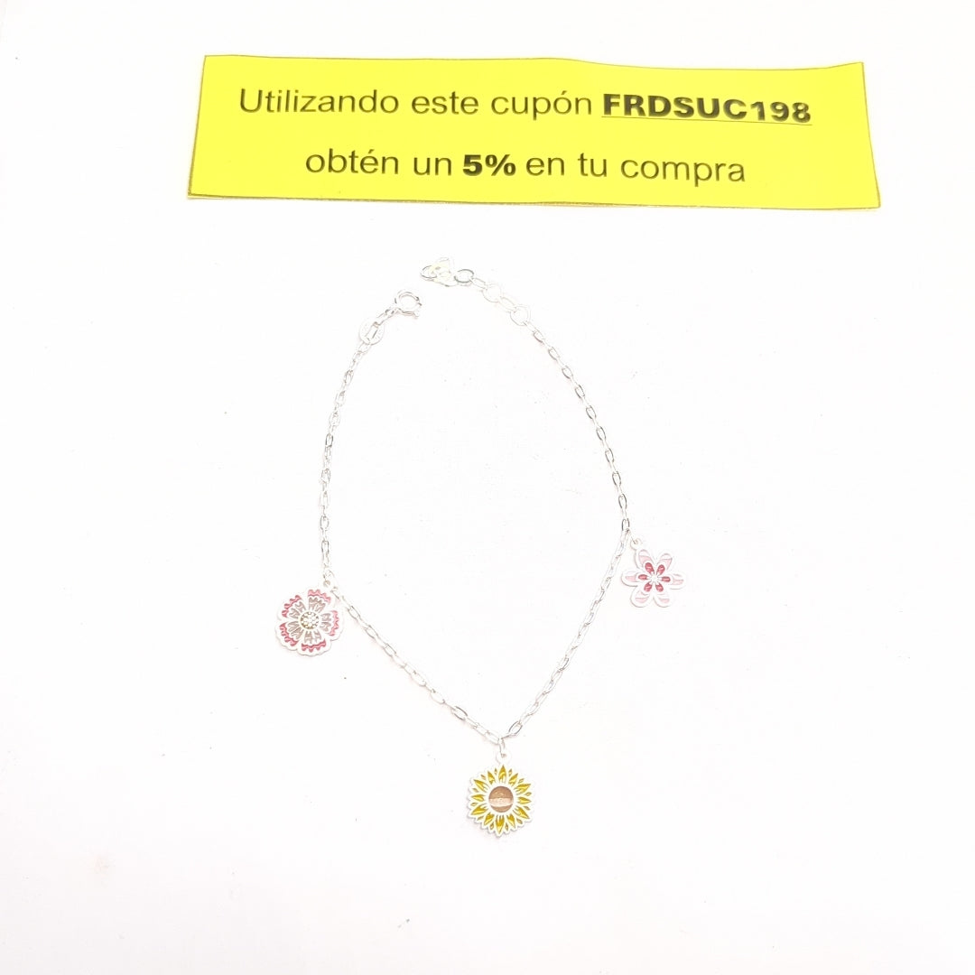 PULSERA TEJIDO ESPECIAL CON DIJE FLORES PLATA .925 21 CM 2.3 GR (NUEVO)