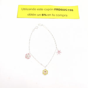 PULSERA TEJIDO ESPECIAL CON DIJE FLORES PLATA .925 21 CM 2.3 GR (NUEVO)