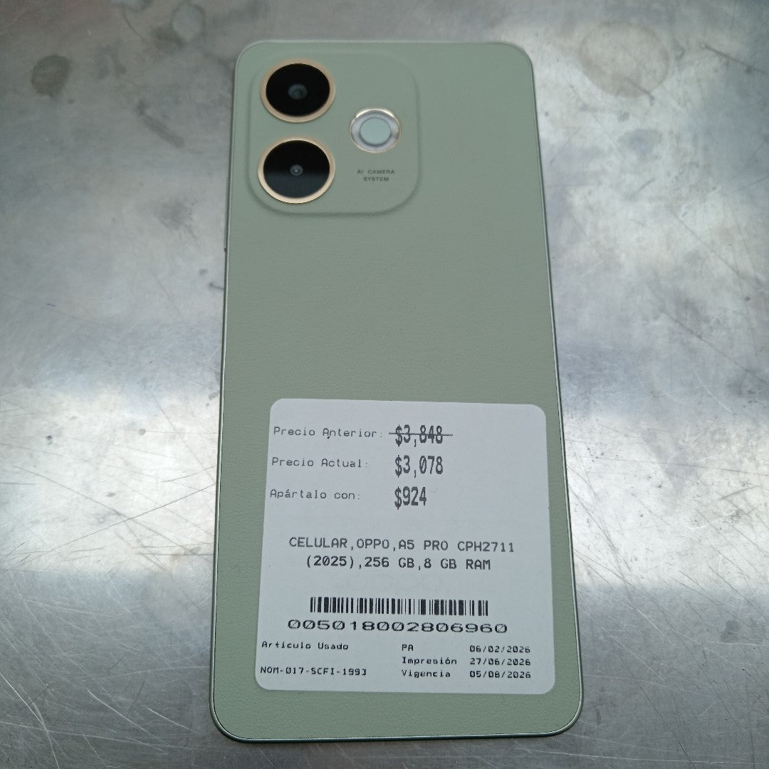 CELULAR OPPO A5 PRO CPH2711 (2025) 256 GB 8 GB RAM (SEMINUEVO)
