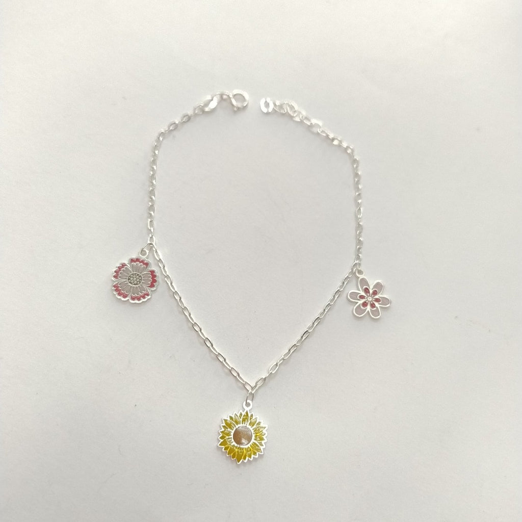 PULSERA TEJIDO ESPECIAL CON DIJE FLORES PLATA .925 21 CM 2.3 GR (NUEVO)