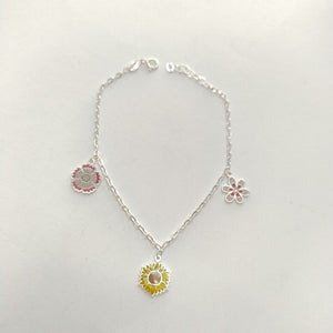 PULSERA TEJIDO ESPECIAL CON DIJE FLORES PLATA .925 21 CM 2.3 GR (NUEVO)