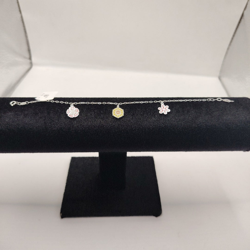 PULSERA TEJIDO ESPECIAL CON DIJE FLORES PLATA .925 21 CM 2.3 GR (NUEVO)