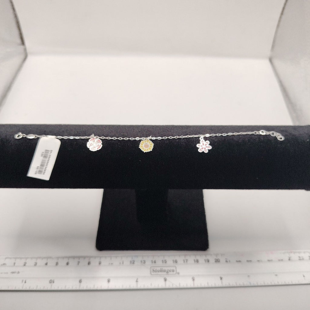 PULSERA TEJIDO ESPECIAL CON DIJE FLORES PLATA .925 21 CM 2.3 GR (NUEVO)
