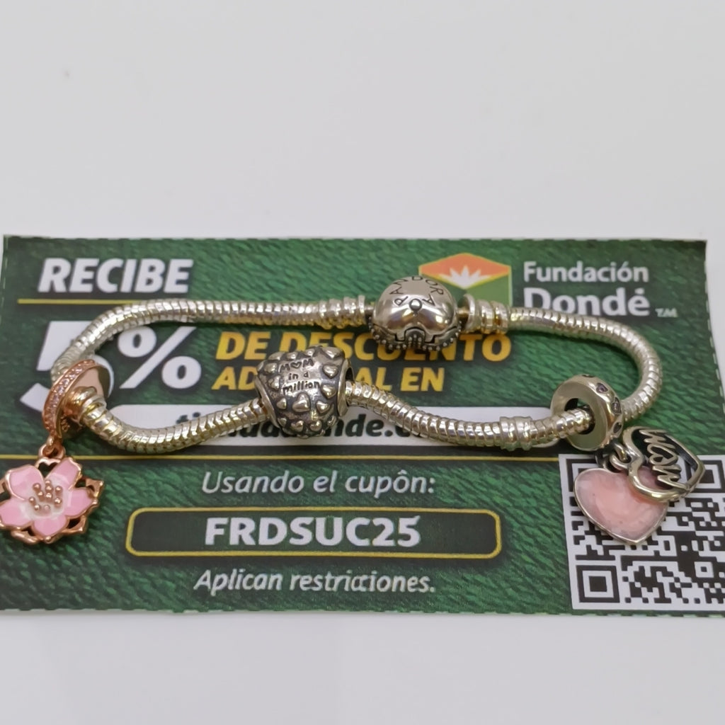 PULSERA TEJIDO ARTICULADA CON CHARMS PLATA .925 18 CM 15.2 GR (NUEVO)