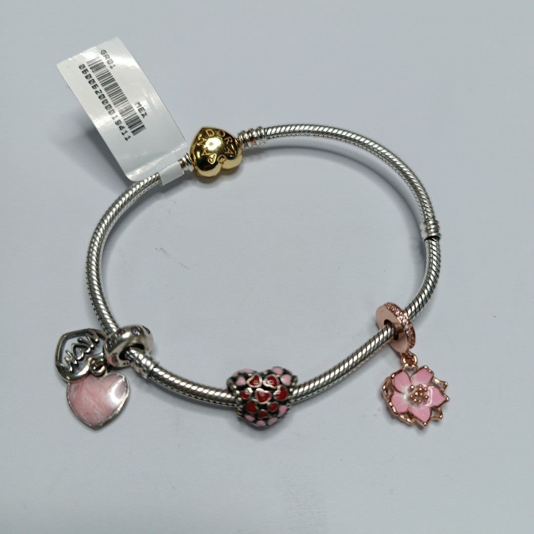 PULSERA TEJIDO ARTICULADA CON CHARMS PLATA .925 21 CM 20.9 GR (NUEVO)