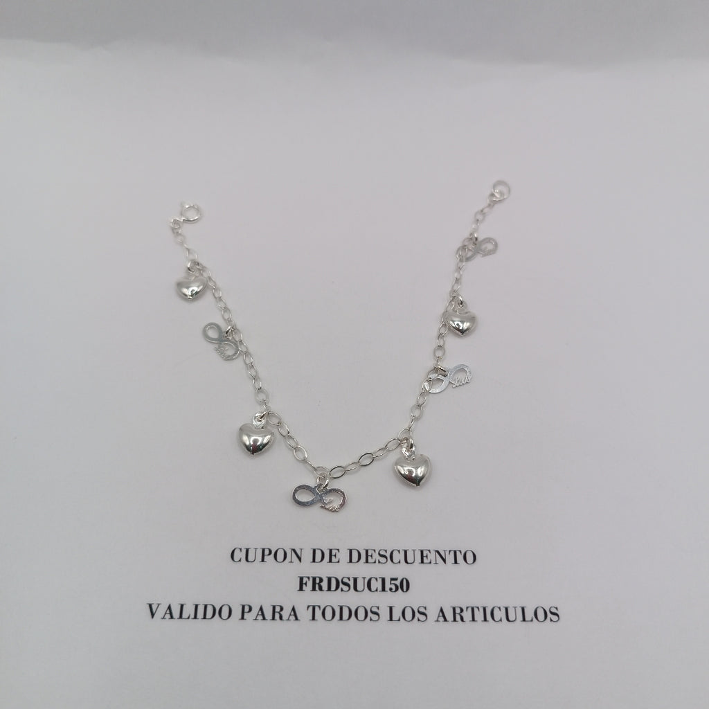 PULSERA CON DIJES CORAZON INFINITO PLATA .925 18 CM 3.22 GR (NUEVO)