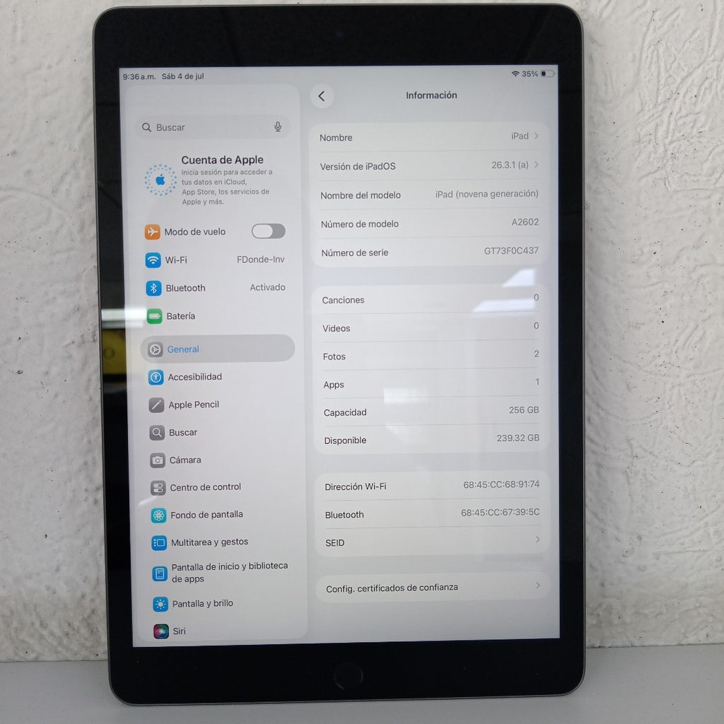 TABLETA APPLE IPAD 9 A2602 256 GB 3 GB RAM (SEMINUEVO)