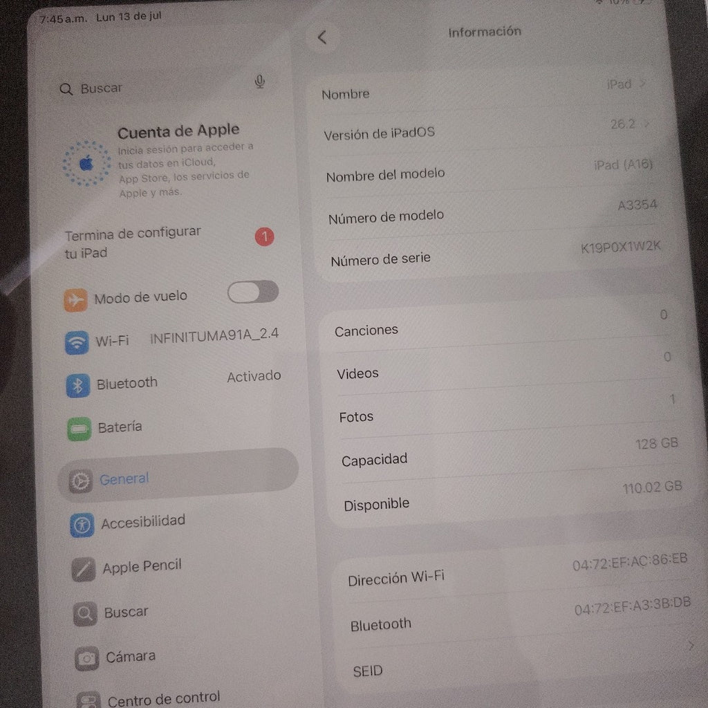 TABLETA APPLE IPAD A16 A3354 (2025) 128 GB 6 GB RAM (SEMINUEVO)