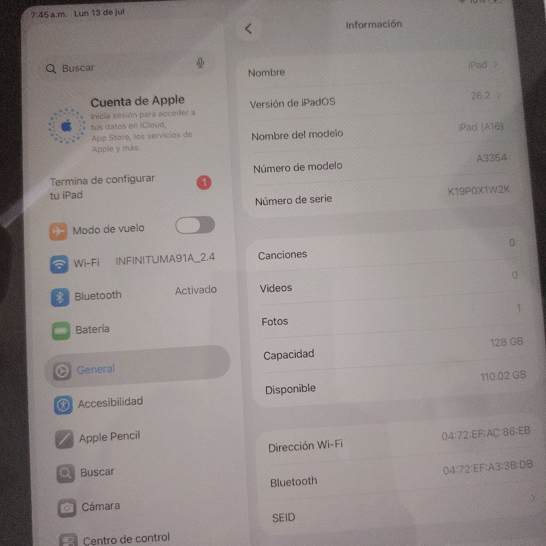 TABLETA APPLE IPAD A16 A3354 (2025) 128 GB 6 GB RAM (SEMINUEVO)
